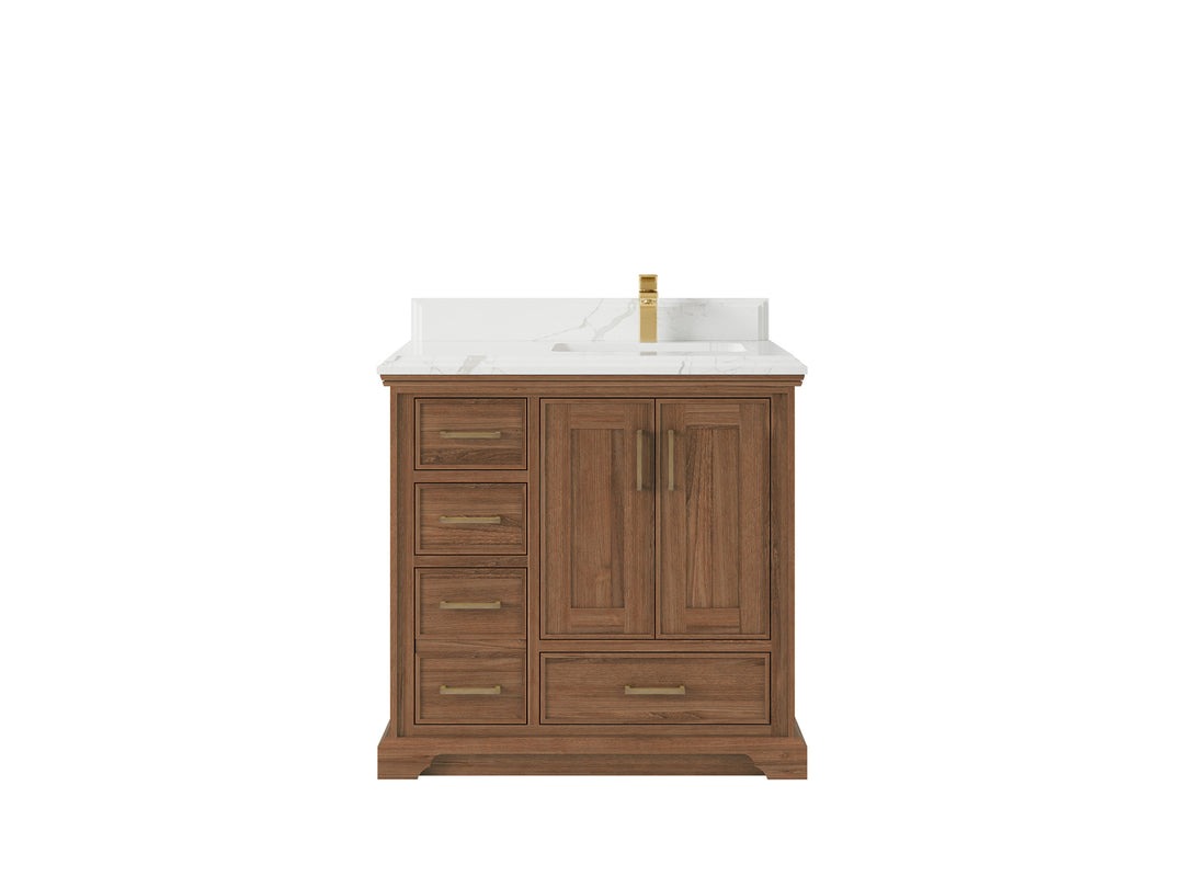 Charlotte Teak 36 in. W x 22 in. D Right Offset Sink Bathroom Vanity in Dark Natural with 1.5 in Calacatta Laza Quartz Countertop