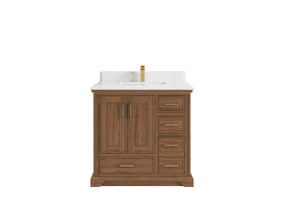 Charlotte Teak 36 in. W x 22 in. D Center Sink Bathroom Vanity in Dark Natural with 1.5 in Empira White Quartz Countertop 
