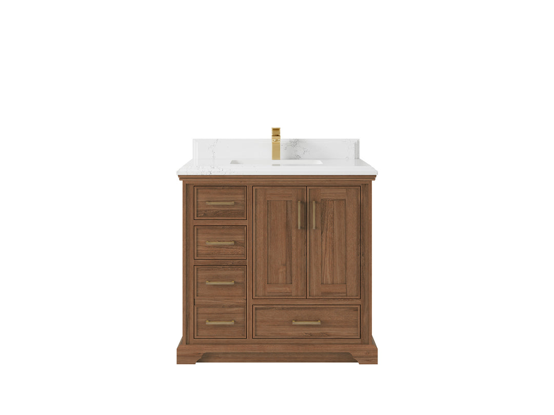 Charlotte Teak 36 in. W x 22 in. D Center Sink Bathroom Vanity in Dark Natural with 1.5 in Empira White Quartz Countertop 