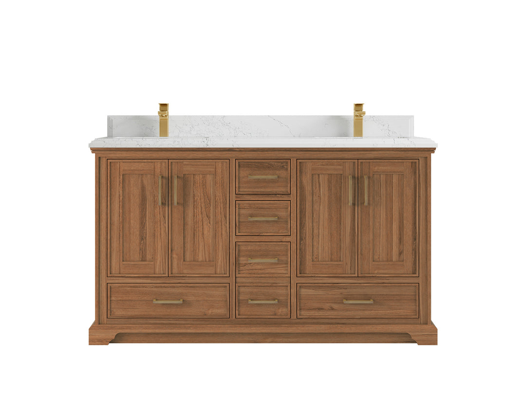 Charlotte Teak 60 in. W x 22 in. D Double Sink Bathroom Vanity in Dark Natural with 1.5 in Empira White Quartz Countertop 