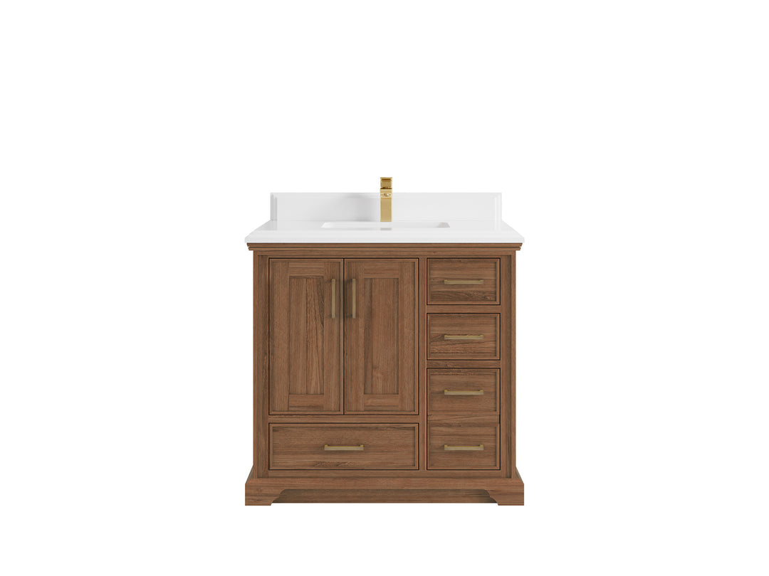 Charlotte Teak 36 in. W x 22 in. D Center Sink Bathroom Vanity in Dark Natural with 1.5 in White Quartz Countertop