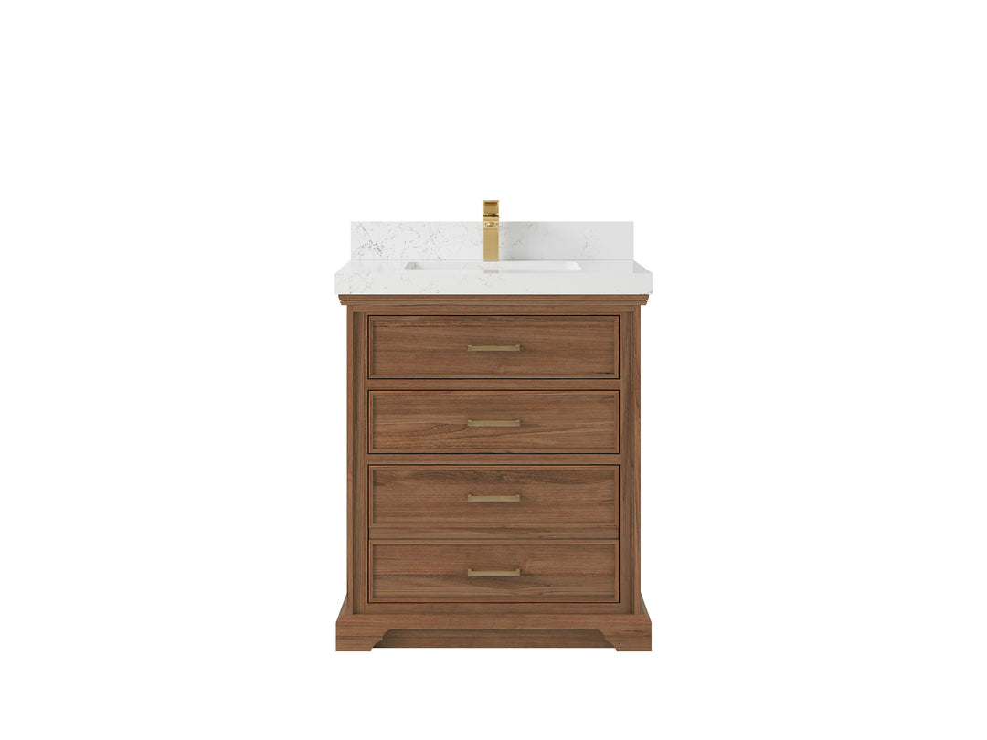 Charlotte Teak 30 in. W x 22 in. D Single Sink Bathroom Vanity in Dark Natural with 2 in Empira White Quartz Countertop