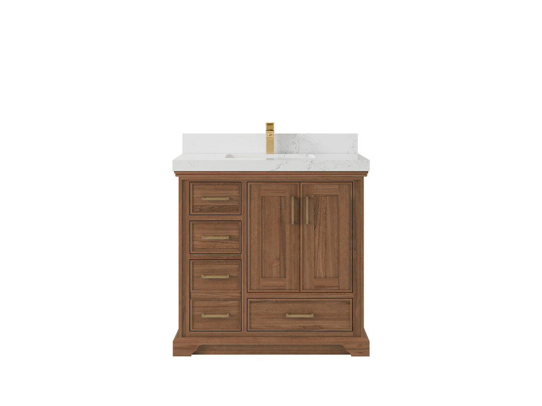 Charlotte Teak 36 in. W x 22 in. D Center Sink Bathroom Vanity in Dark Natural with 2 in Empira White Quartz Countertop