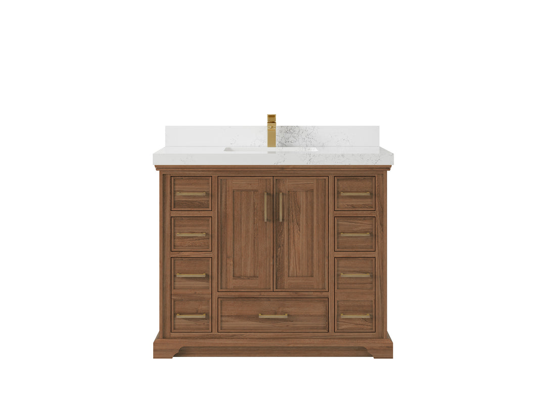 Charlotte Teak 42 in. W x 22 in. D Single Sink Bathroom Vanity in Dark Natural with 2 in Empira White Quartz Countertop