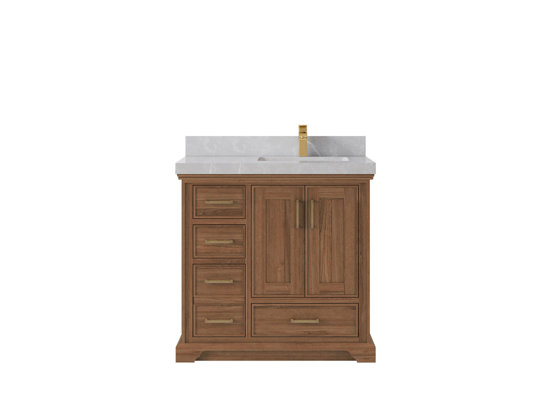 Charlotte Teak 36 in. W x 22 in. D Right Offset Sink Bathroom Vanity in Dark Natural with 2 in Pearl Light Gray Quartz Countertop 