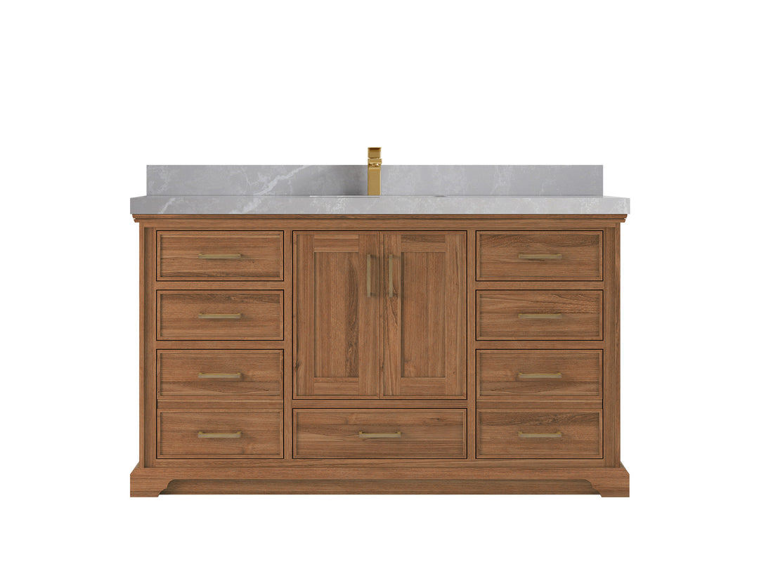 Charlotte Teak 60 in. W x 22 in. D Single Sink Bathroom Vanity in Dark Natural with 2 in Pearl Light Gray Quartz Countertop 
