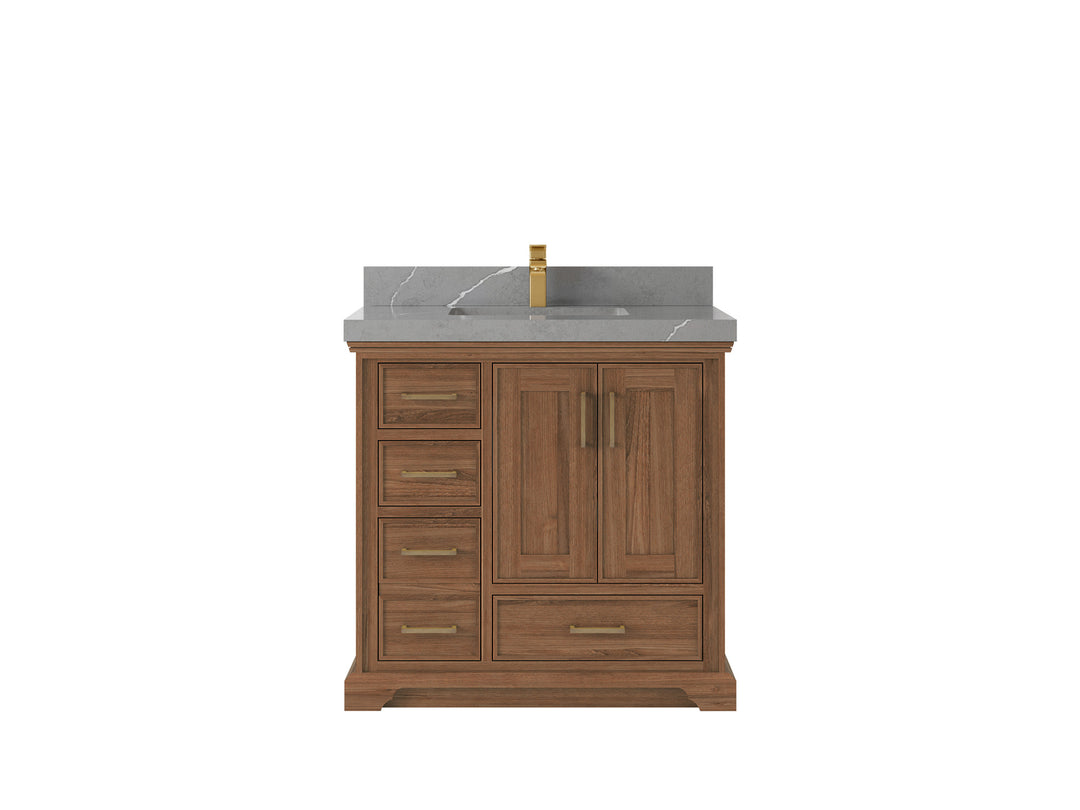 Charlotte Teak 36 in. W x 22 in. D Center Sink Bathroom Vanity in Dark Natural with 2 in Piatra Gray Quartz Countertop