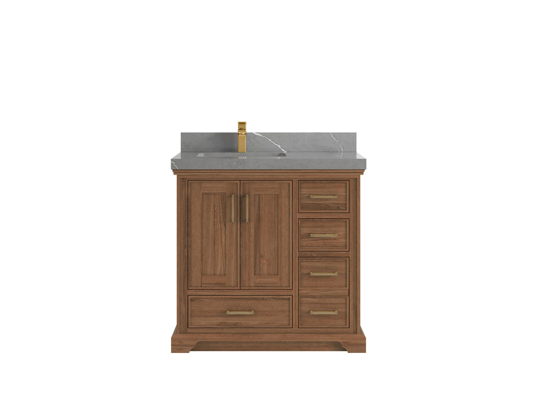Charlotte Teak 36 in. W x 22 in. D Left Offset Sink Bathroom Vanity in Dark Natural with 2 in Piatra Gray Quartz Countertop