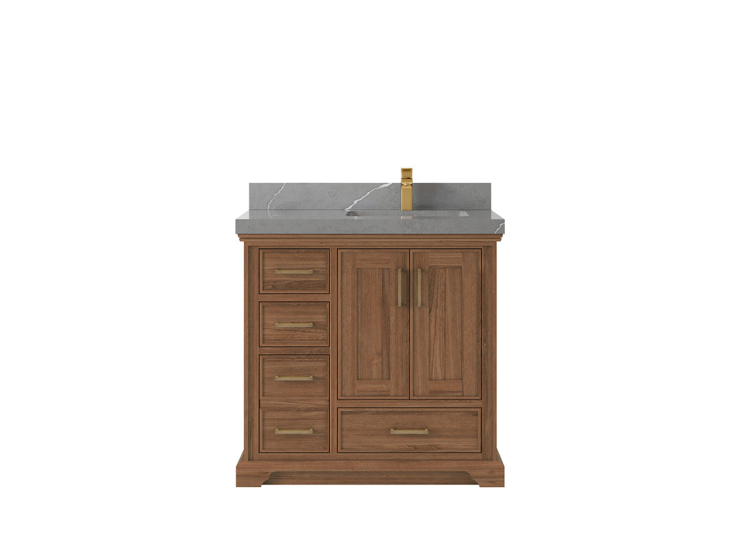 Charlotte Teak 36 in. W x 22 in. D Right Offset Sink Bathroom Vanity in Dark Natural with 2 in Piatra Gray Quartz Countertop