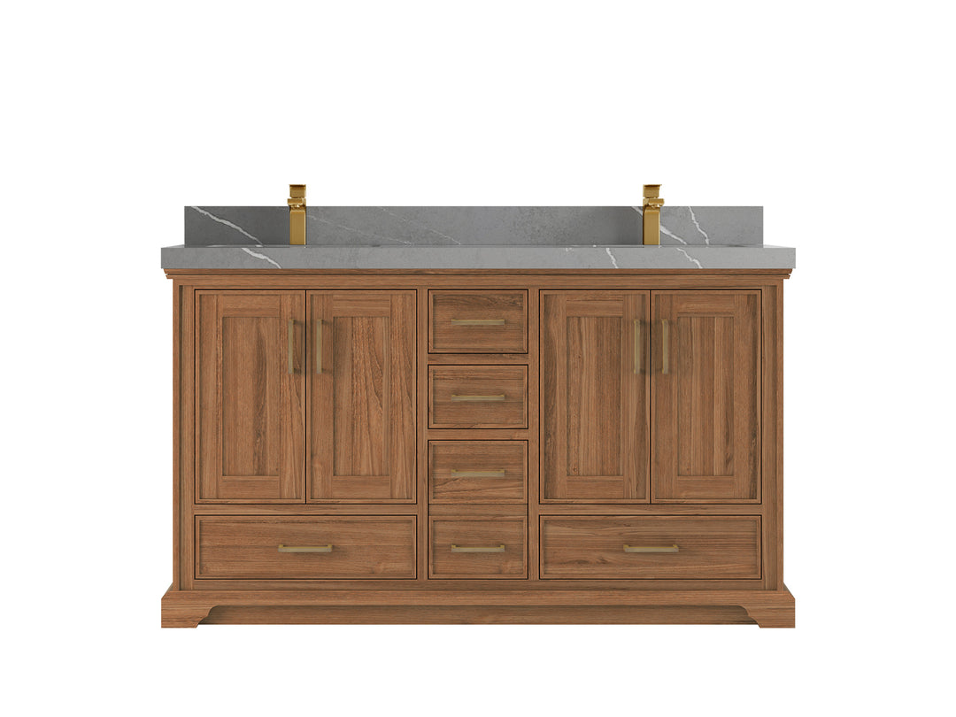 Charlotte Teak 60 in. W x 22 in. D Double Sink Bathroom Vanity in Dark Natural with 2 in Piatra Gray Quartz Countertop