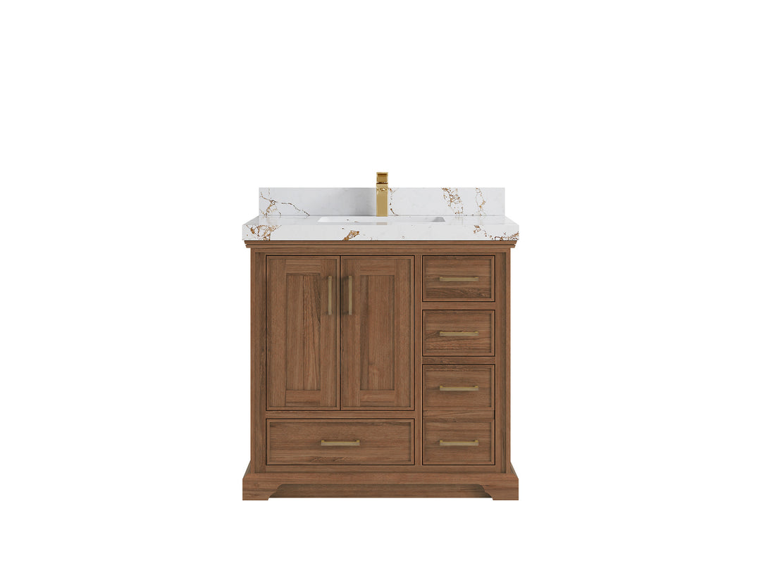 Charlotte Teak 36 in. W x 22 in. D Center Sink Bathroom Vanity in Dark Natural with 2 in Viola Brown Quartz Countertop 