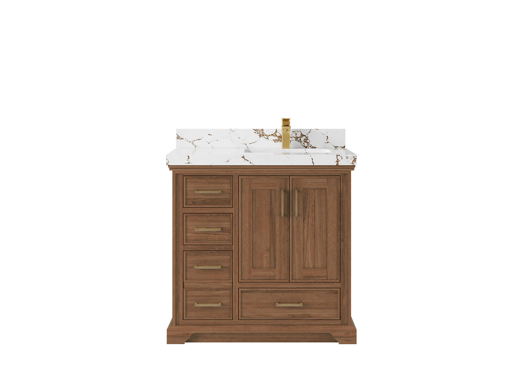 Charlotte Teak 36 in. W x 22 in. D Right Offset Sink Bathroom Vanity in Dark Natural with 2 in Viola Brown Quartz Countertop 