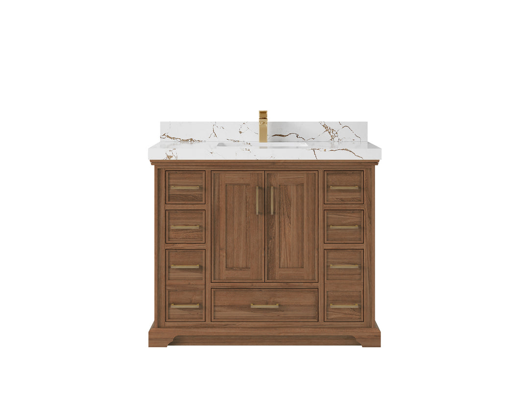 Charlotte Teak 42 in. W x 22 in. D Single Sink Bathroom Vanity in Dark Natural with 2 in Viola Brown Quartz Countertop 