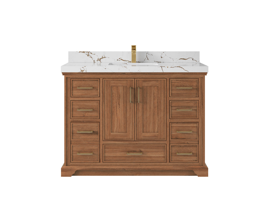 Charlotte Teak 48 in. W x 22 in. D Single Sink Bathroom Vanity in Dark Natural with 2 in Viola Brown Quartz Countertop 