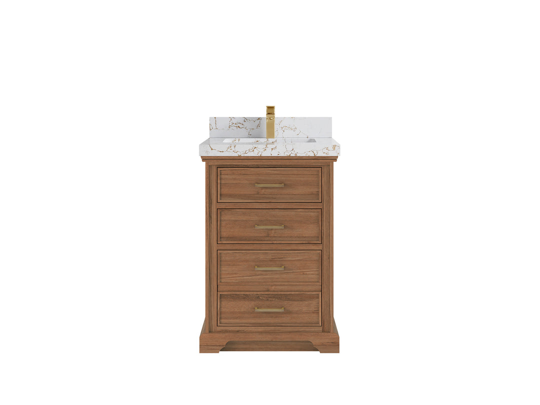 Charlotte Teak 24 in. W x 22 in. D Single Sink Bathroom Vanity in Dark Natural with 2 in Viola Gold Quartz Countertop