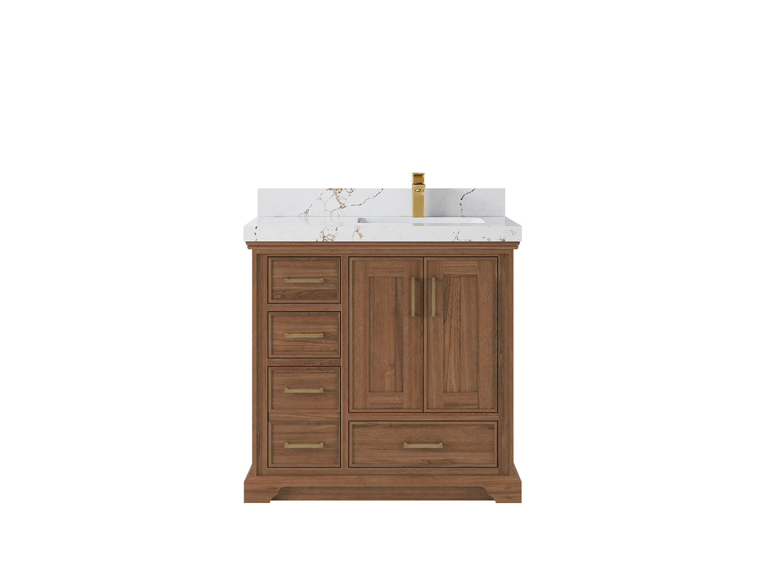 Charlotte Teak 36 in. W x 22 in. D Right Offset Sink Bathroom Vanity in Dark Natural with 2 in Viola Gold Quartz Countertop