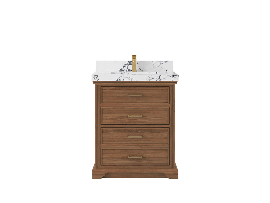 Charlotte Teak 30 in. W x 22 in. D Single Sink Bathroom Vanity in Dark Natural with 2 in Viola Night Quartz Countertop 