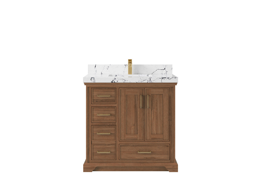 Charlotte Teak 36 in. W x 22 in. D Center Sink Bathroom Vanity in Dark Natural with 2 in Viola Night Quartz Countertop 