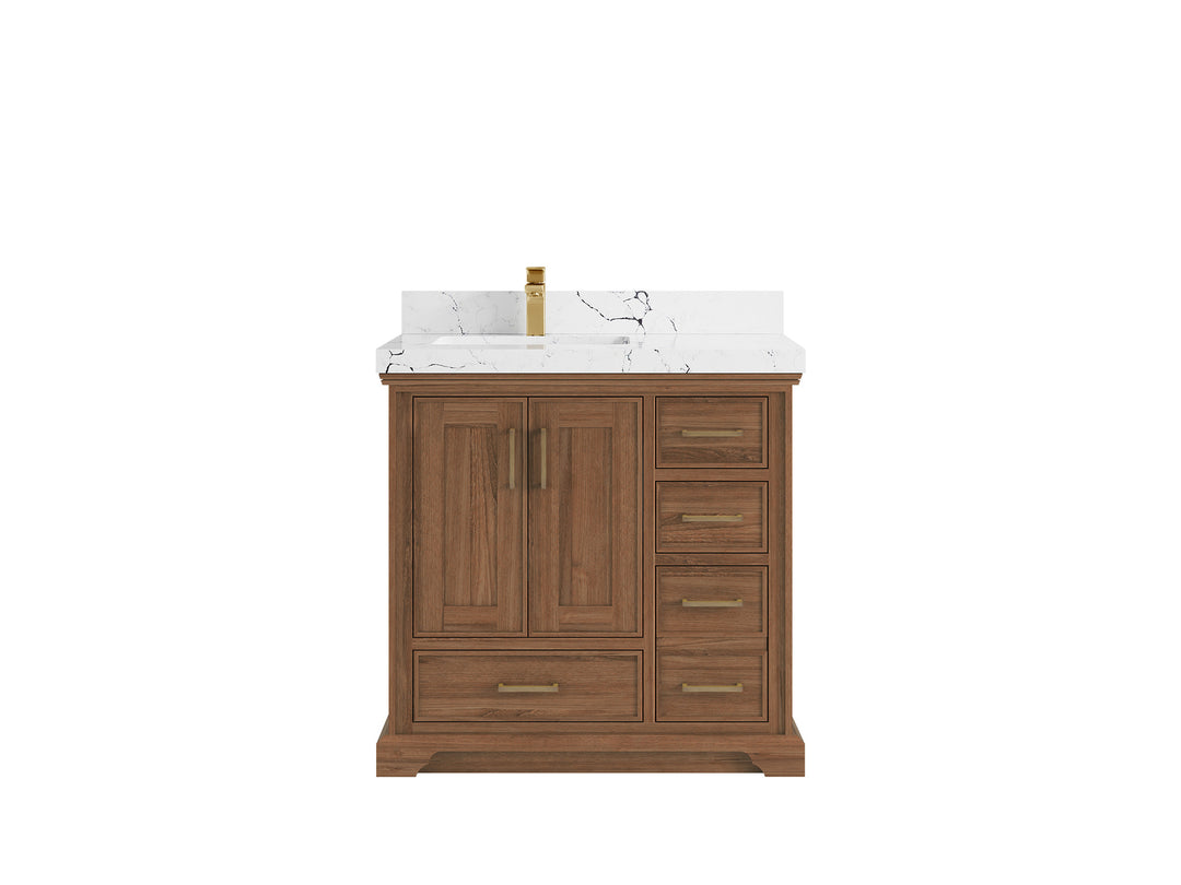 Charlotte Teak 36 in. W x 22 in. D Left Offset Sink Bathroom Vanity in Dark Natural with 2 in Viola Night Quartz Countertop 
