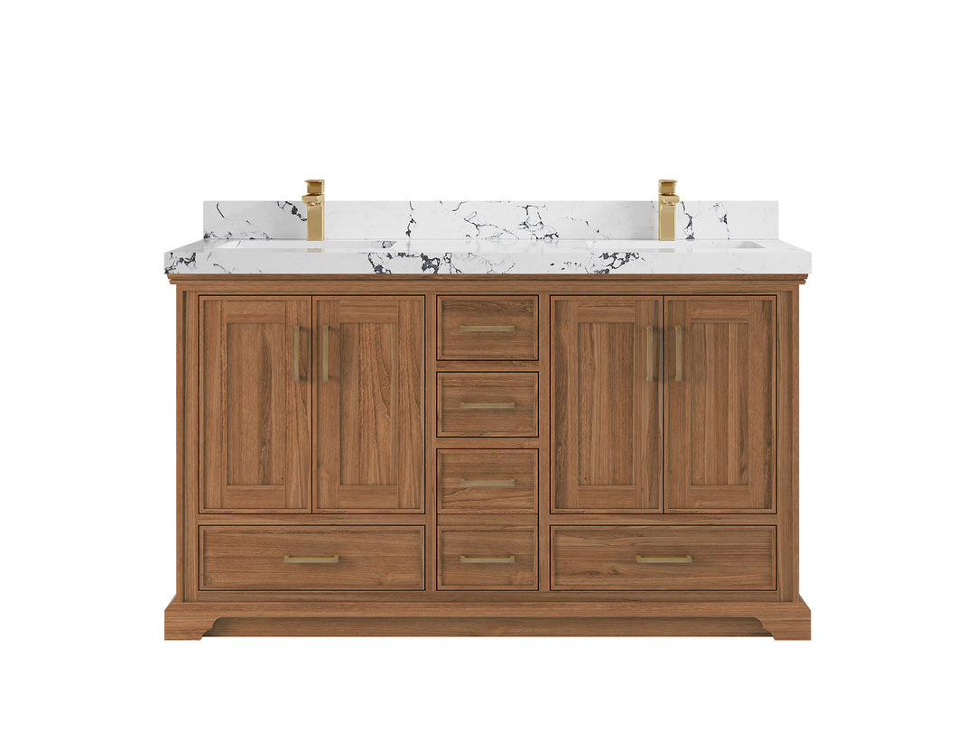 Charlotte Teak 60 in. W x 22 in. D Double Sink Bathroom Vanity in Dark Natural with 2 in Viola Night Quartz Countertop 