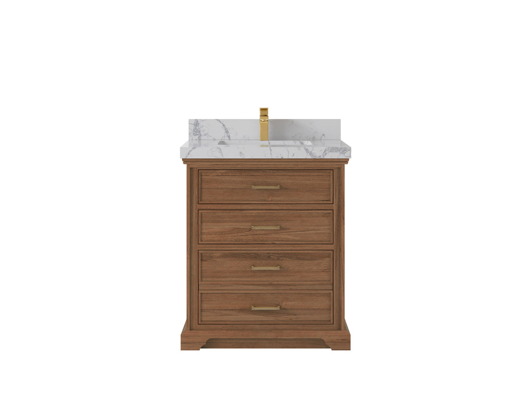 Charlotte Teak 30 in. W x 22 in. D Single Sink Bathroom Vanity in Dark Natural with 2 in Venatino Quartz Countertop