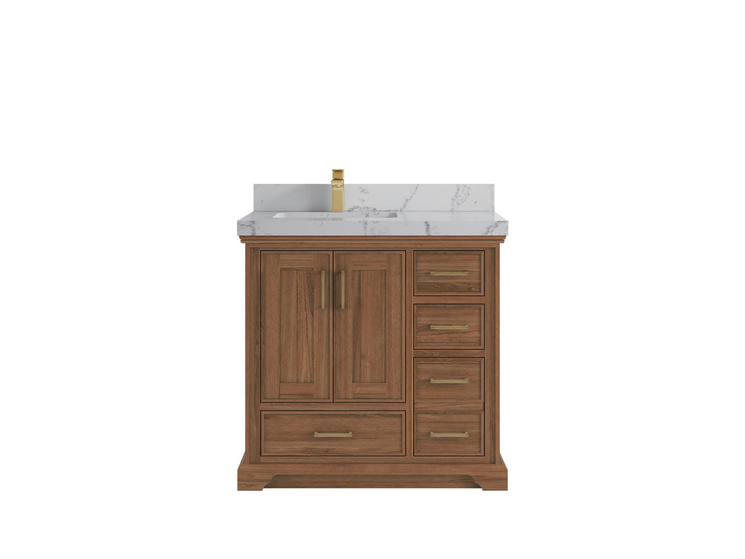 Charlotte Teak 36 in. W x 22 in. D Left Offset Sink Bathroom Vanity in Dark Natural with 2 in Venatino Quartz Countertop