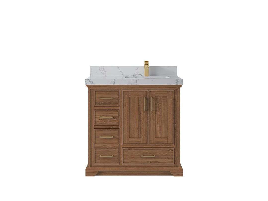 Charlotte Teak 36 in. W x 22 in. D Right Offset Sink Bathroom Vanity in Dark Natural with 2 in Venatino Quartz Countertop