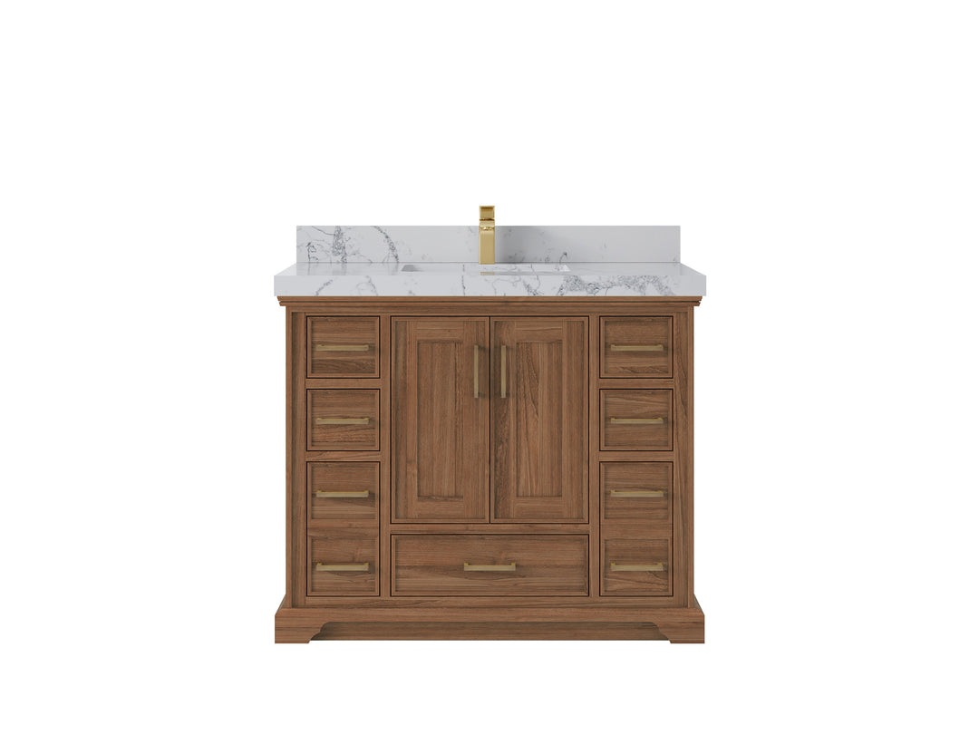 Charlotte Teak 42 in. W x 22 in. D Single Sink Bathroom Vanity in Dark Natural with 2 in Venatino Quartz Countertop