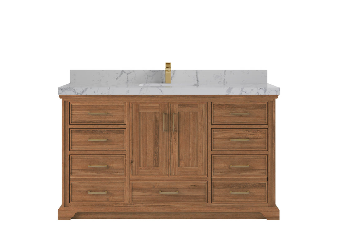 Charlotte Teak 60 in. W x 22 in. D Single Sink Bathroom Vanity in Dark Natural with 2 in Venatino Quartz Countertop
