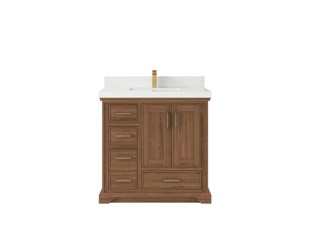 Charlotte Teak 36 in. W x 22 in. D Center Sink Bathroom Vanity in Dark Natural with 2 in White Quartz Countertop 