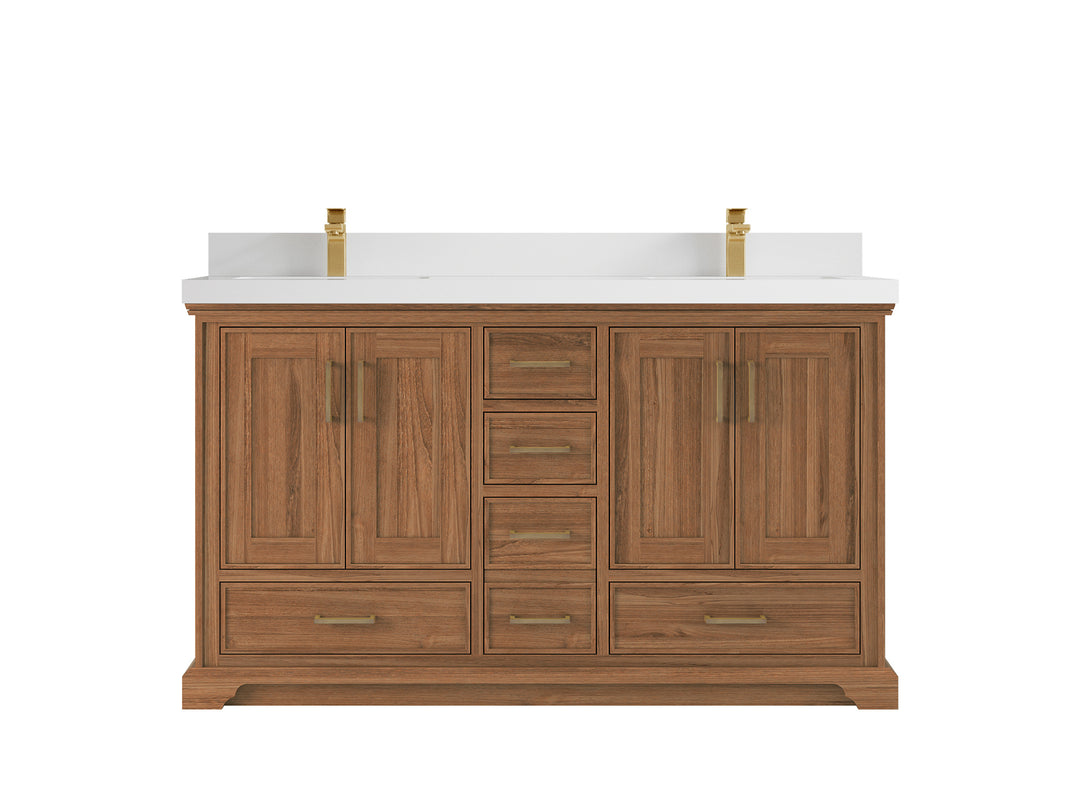 Charlotte Teak 60 in. W x 22 in. D Double Sink Bathroom Vanity in Dark Natural with 2 in White Quartz Countertop 