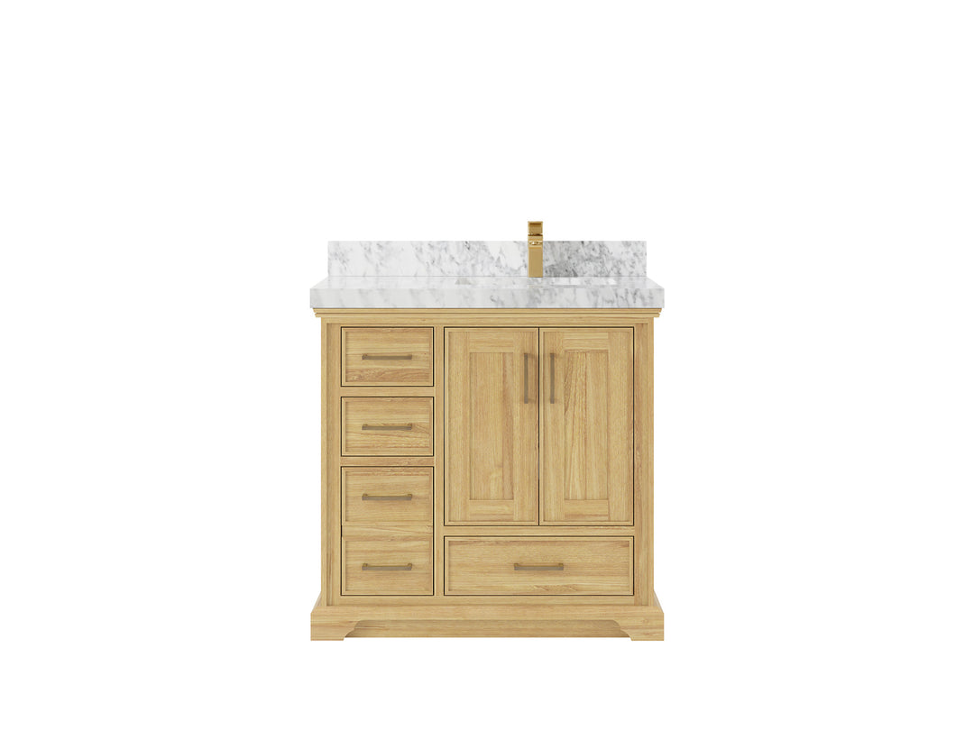 Charlotte Teak 36 in. W x 22 in. D Right Offset Sink Bathroom Vanity in Light Natural with 2 in Carrara Marble Countertop