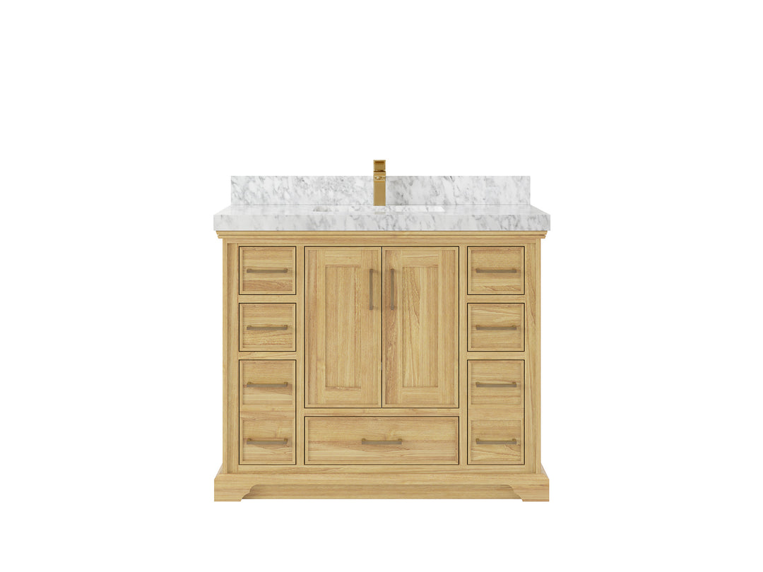 Charlotte Teak 42 in. W x 22 in. D Single Sink Bathroom Vanity in Light Natural with 2 in Carrara Marble Countertop