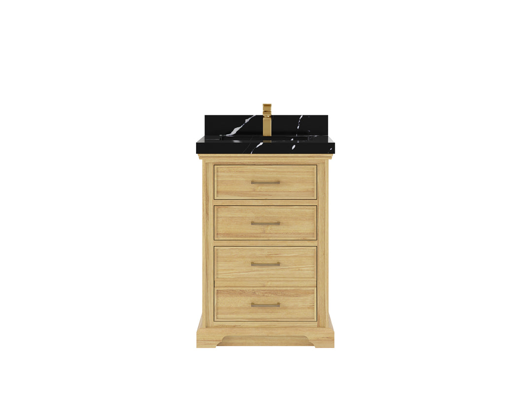 Charlotte Teak 24 in. W x 22 in. D Single Sink Bathroom Vanity in Light Natural with 2 in Calacatta Black Quartz Countertop