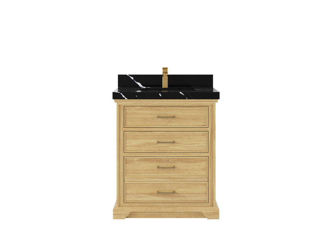 Charlotte Teak 30 in. W x 22 in. D Single Sink Bathroom Vanity in Light Natural with 2 in Calacatta Black Quartz Countertop