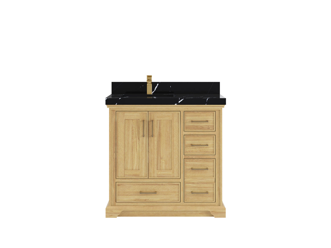 Charlotte Teak 36 in. W x 22 in. D Left Offset Sink Bathroom Vanity in Light Natural with 2 in Calacatta Black Quartz Countertop