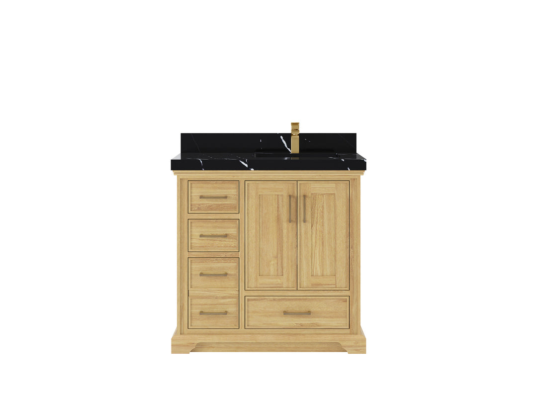 Charlotte Teak 36 in. W x 22 in. D Right Offset Sink Bathroom Vanity in Light Natural with 2 in Calacatta Black Quartz Countertop