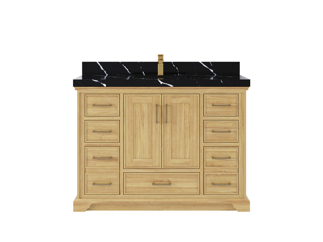 Charlotte Teak 48 in. W x 22 in. D Single Sink Bathroom Vanity in Light Natural with 2 in Calacatta Black Quartz Countertop