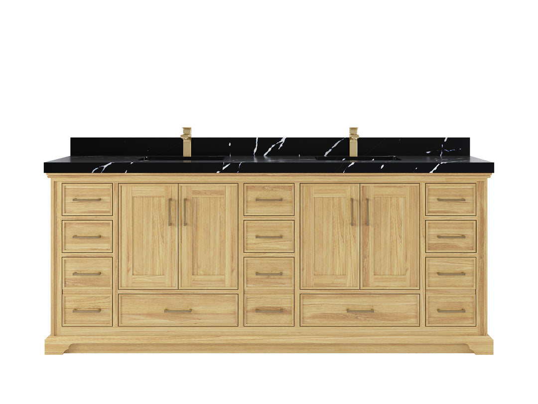 Charlotte Teak 84 in. W x 22 in. D Double Sink Bathroom Vanity in Light Natural with 2 in Calacatta Black Quartz Countertop
