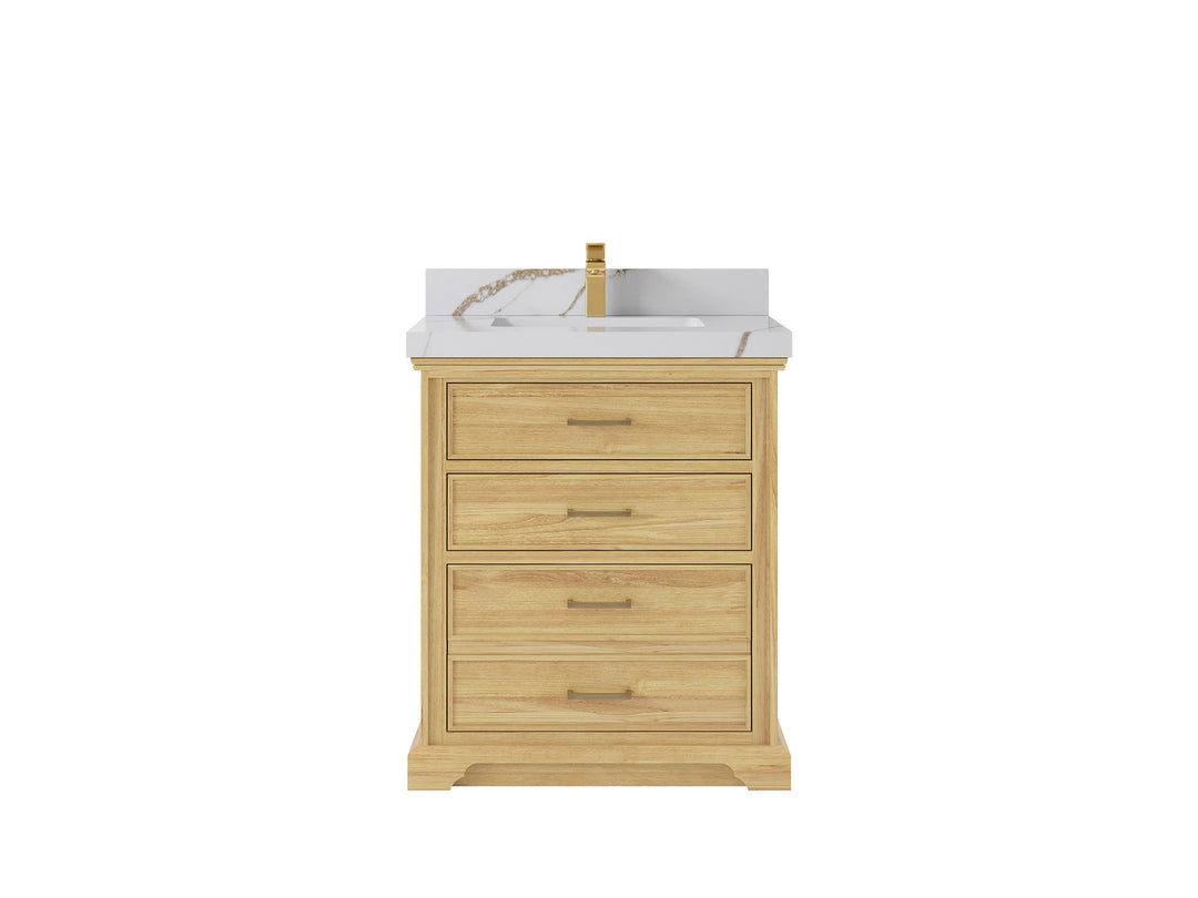 Charlotte Teak 30 in. W x 22 in. D Single Sink Bathroom Vanity in Light Natural with 2 in Calacatta Gold Quartz Countertop