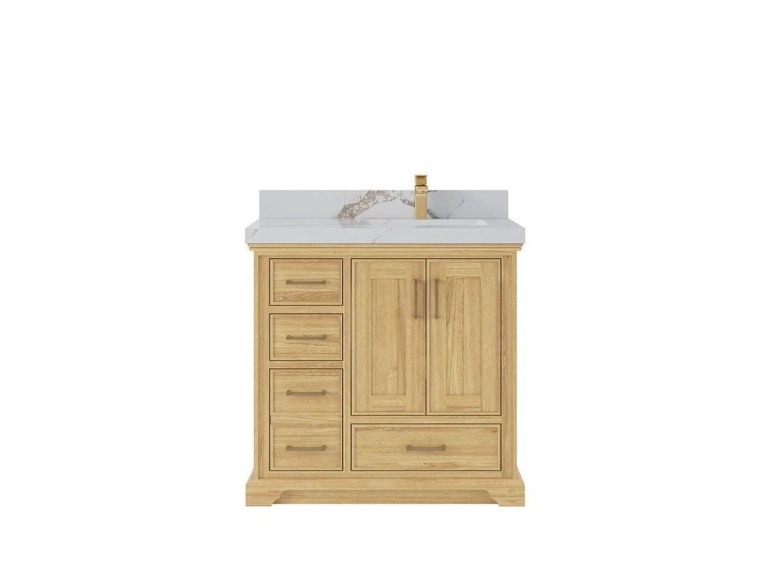 Charlotte Teak 36 in. W x 22 in. D Right Offset Sink Bathroom Vanity in Light Natural with 2 in Calacatta Gold Quartz Countertop