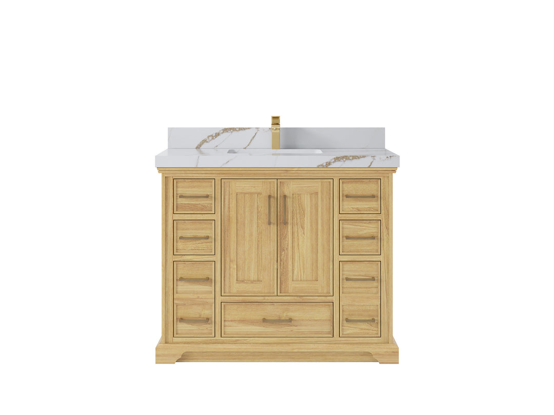 Charlotte Teak 42 in. W x 22 in. D Single Sink Bathroom Vanity in Light Natural with 2 in Calacatta Gold Quartz Countertop