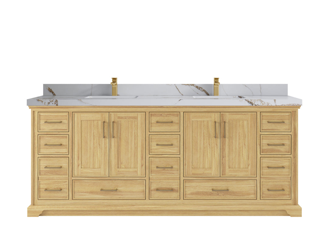 Charlotte Teak 84 in. W x 22 in. D Double Sink Bathroom Vanity in Light Natural with 2 in Calacatta Gold Quartz Countertop