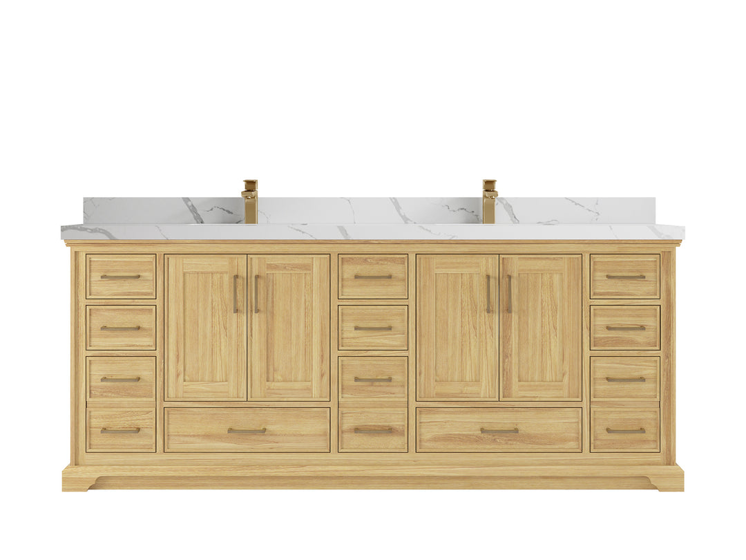 Charlotte Teak 84 in. W x 22 in. D Double Sink Bathroom Vanity in Light Natural with 2 in Calacatta Laza Quartz Countertop