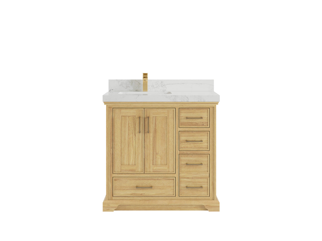 Charlotte Teak 36 in. W x 22 in. D Left Offset Sink Bathroom Vanity in Light Natural with 2 in Calacatta Nuvo Quartz Countertop 