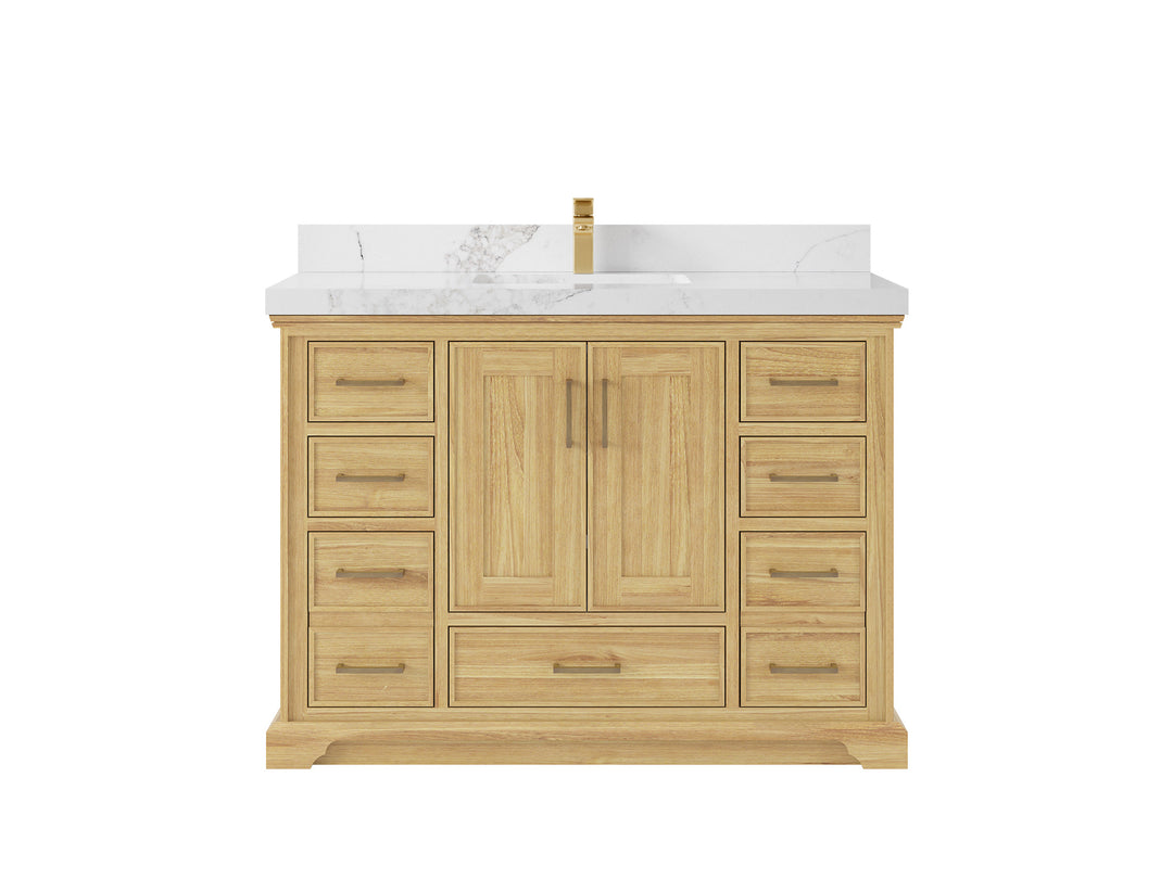 Charlotte Teak 48 in. W x 22 in. D Single Sink Bathroom Vanity in Light Natural with 2 in Calacatta Nuvo Quartz Countertop 