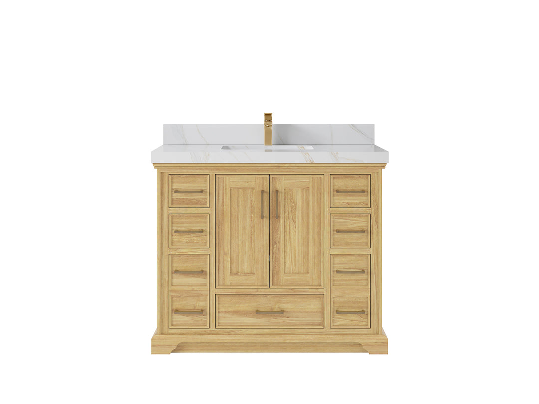 Charlotte Teak 42 in. W x 22 in. D Single Sink Bathroom Vanity in Light Natural with 2 in Calacatta Sienna Quartz Countertop