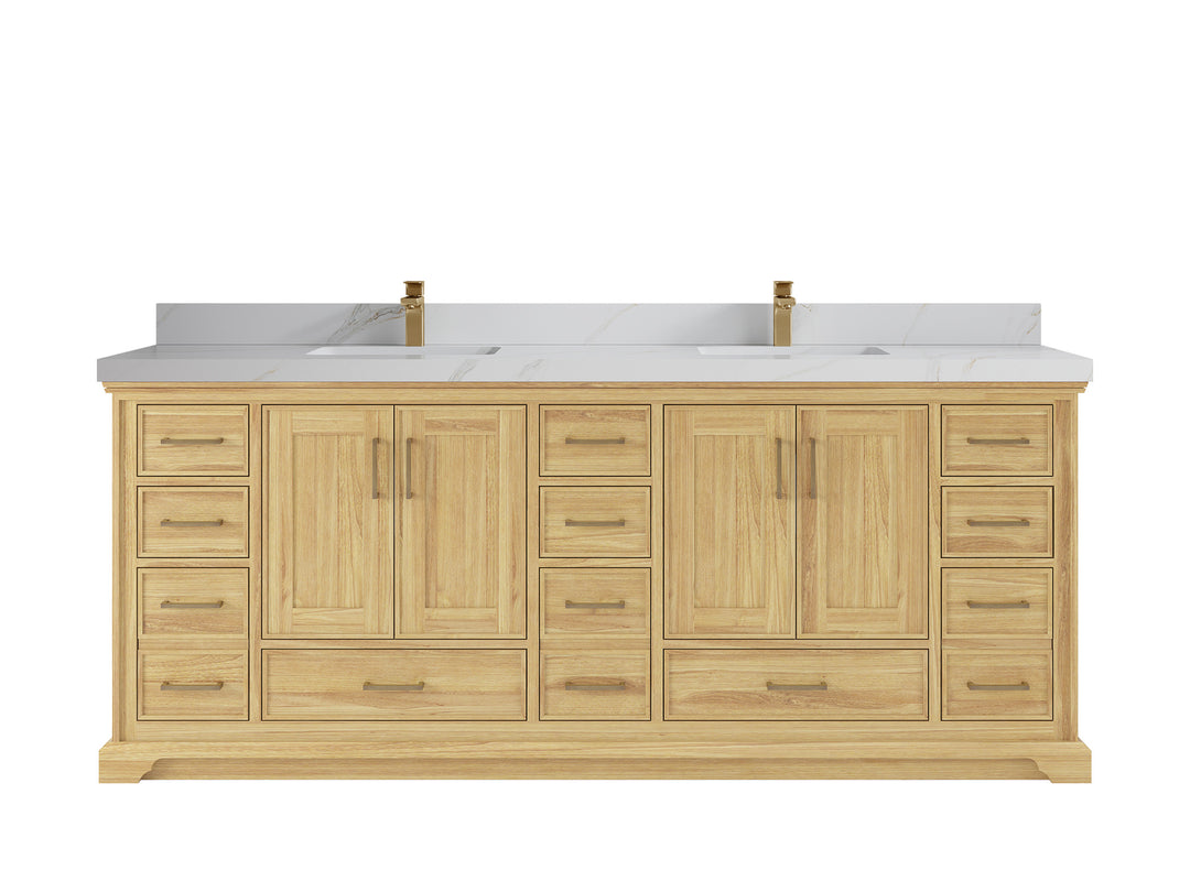 Charlotte Teak 84 in. W x 22 in. D Double Sink Bathroom Vanity in Light Natural with 2 in Calacatta Sienna Quartz Countertop