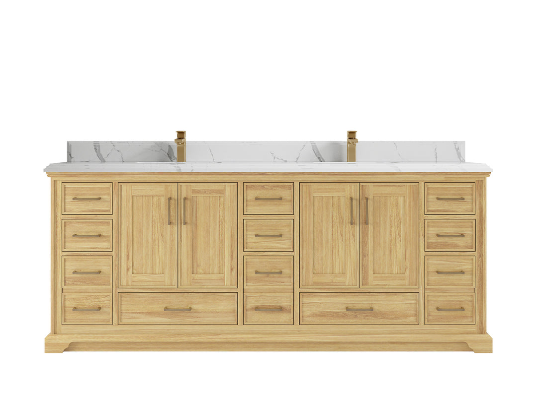 Charlotte Teak 84 in. W x 22 in. D Double Sink Bathroom Vanity in Light Natural with 1.5 in Calacatta Laza Quartz Countertop