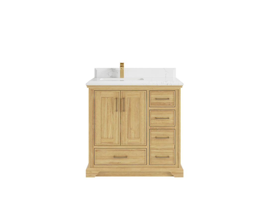 Charlotte Teak 36 in. W x 22 in. D Left Offset Sink Bathroom Vanity in Light Natural with 1.5 in Empira White Quartz Countertop 